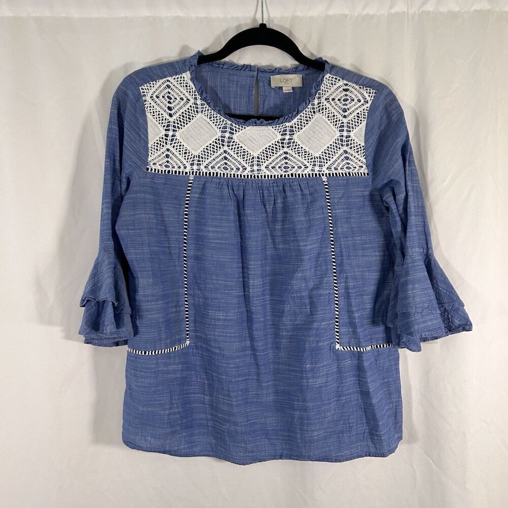 Loft Blouse Women's Small Blue White Crochet 3/4 Bell Sleeve Round Neck Cotton